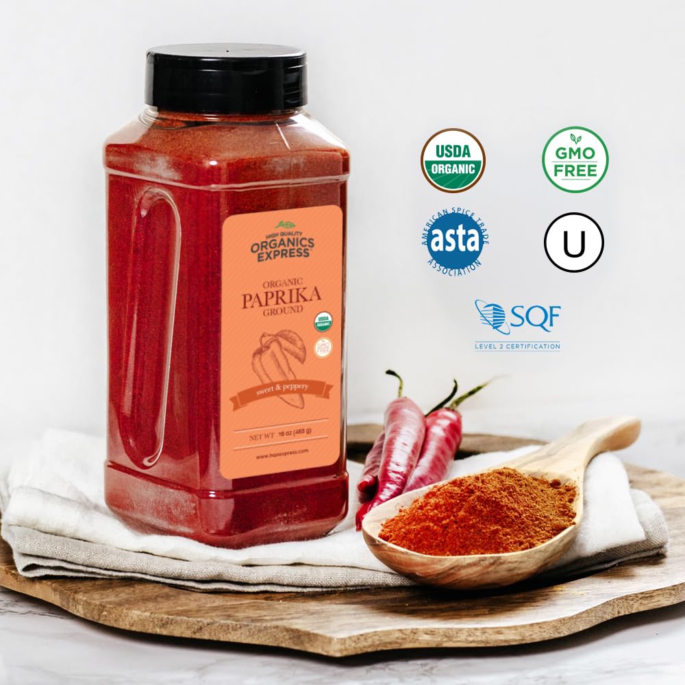 HQOExpress Organic Paprika – USDA Organic, Non-GMO, Kosher Ground Paprika Powder (16 oz, Chef Jar)