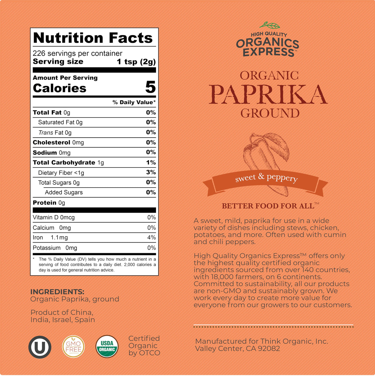 HQOExpress Organic Paprika – USDA Organic, Non-GMO, Kosher Ground Paprika Powder (16 oz, Chef Jar)
