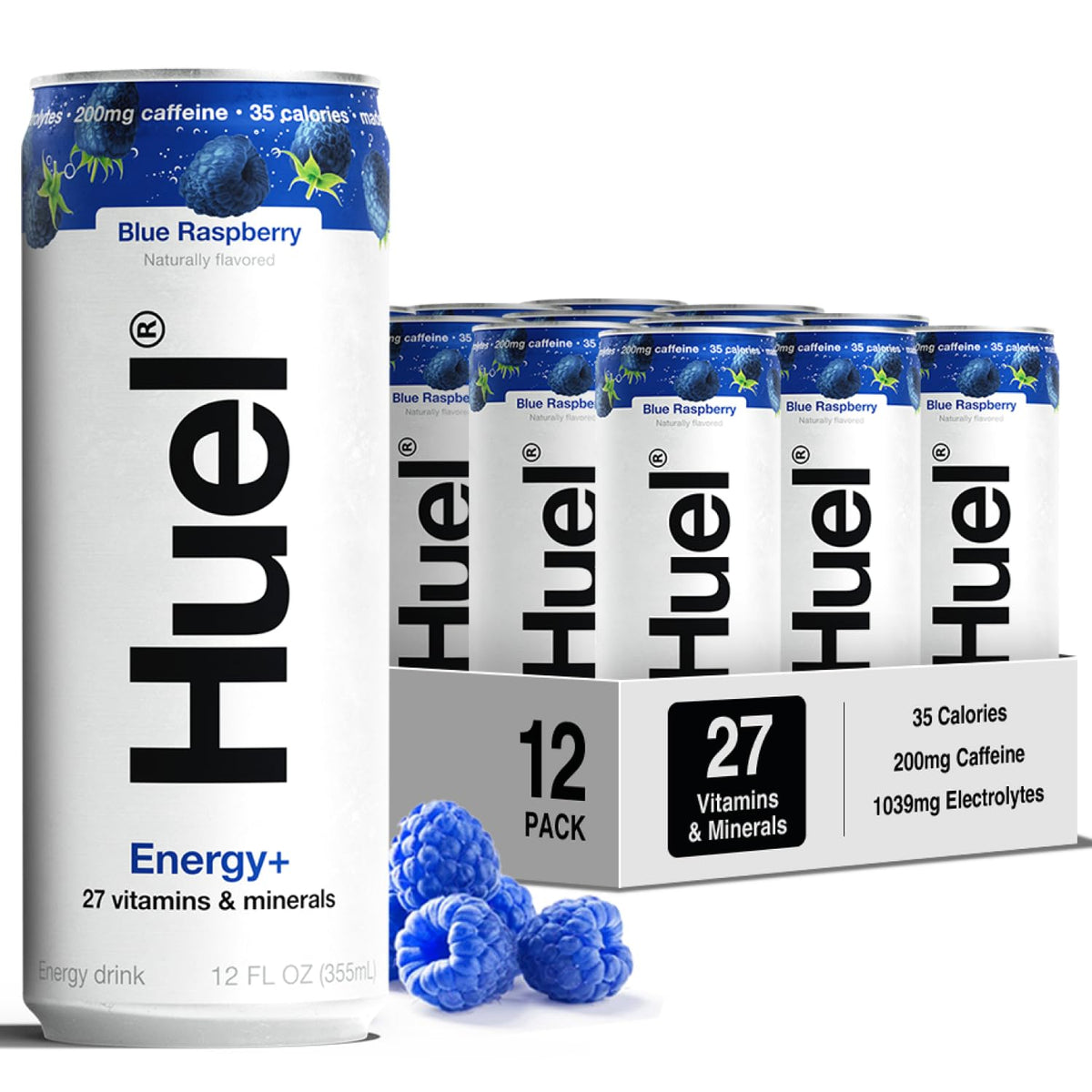 Huel Energy+ Blue Raspberry – Plant-Based Energy Drink with Real Fruit | 200 mg Caffeine, 27 Vitamins & Minerals | 35 Calories per 12 oz Can (12 Pack)
