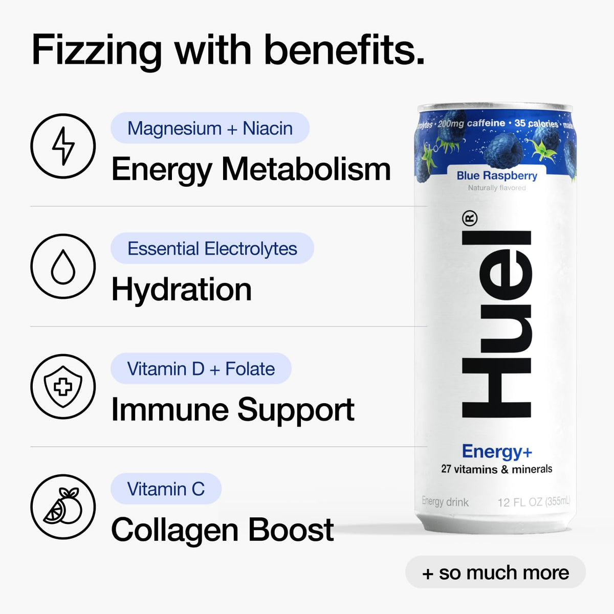 Huel Energy+ Blue Raspberry – Plant-Based Energy Drink with Real Fruit | 200 mg Caffeine, 27 Vitamins & Minerals | 35 Calories per 12 oz Can (12 Pack)