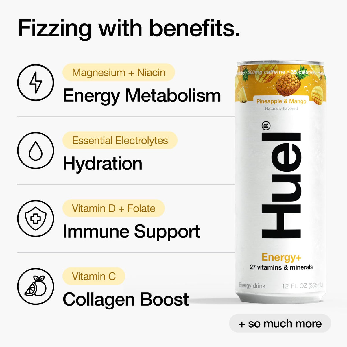 Huel Energy+ Pineapple & Mango — Plant-Based Energy Drink, 200mg Caffeine, 35 Cal, 12-Pack