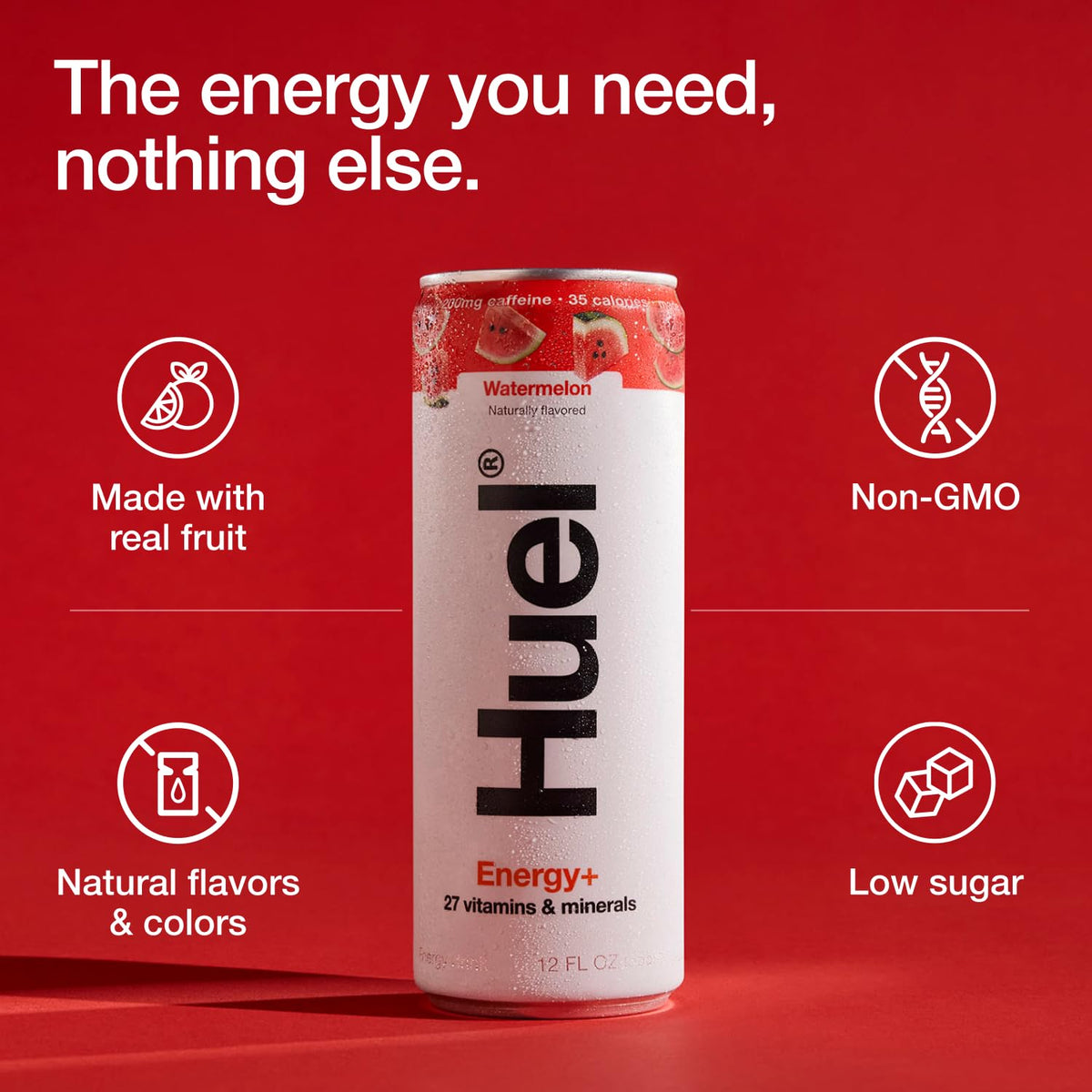 Huel Energy+ Watermelon Energy Drink – Plant-Based, 200mg Caffeine, 27 Vitamins & Minerals | 35 Calories per 12 FL Oz, 12 Pack