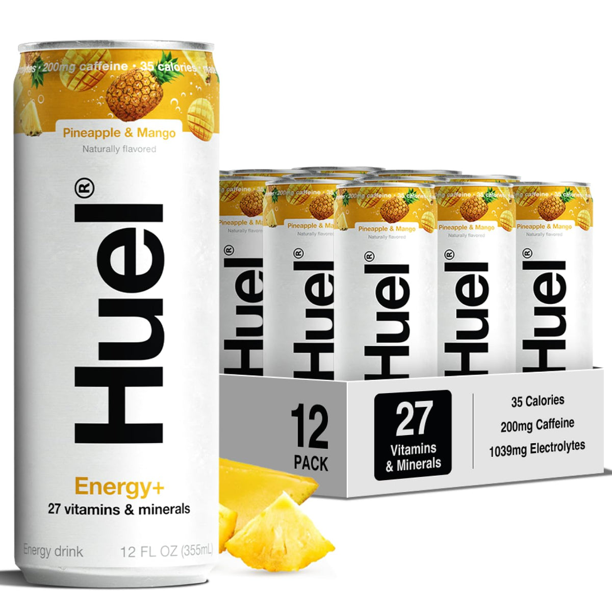 Huel Energy+ Pineapple & Mango — Plant-Based Energy Drink, 200mg Caffeine, 35 Cal, 12-Pack