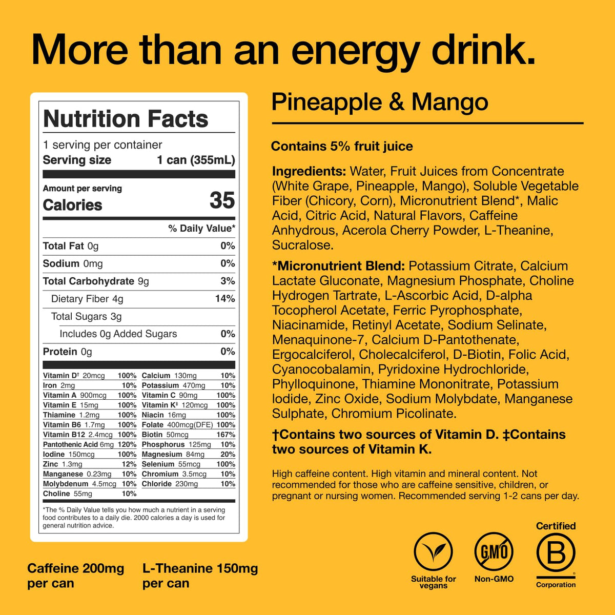Huel Energy+ Pineapple & Mango — Plant-Based Energy Drink, 200mg Caffeine, 35 Cal, 12-Pack