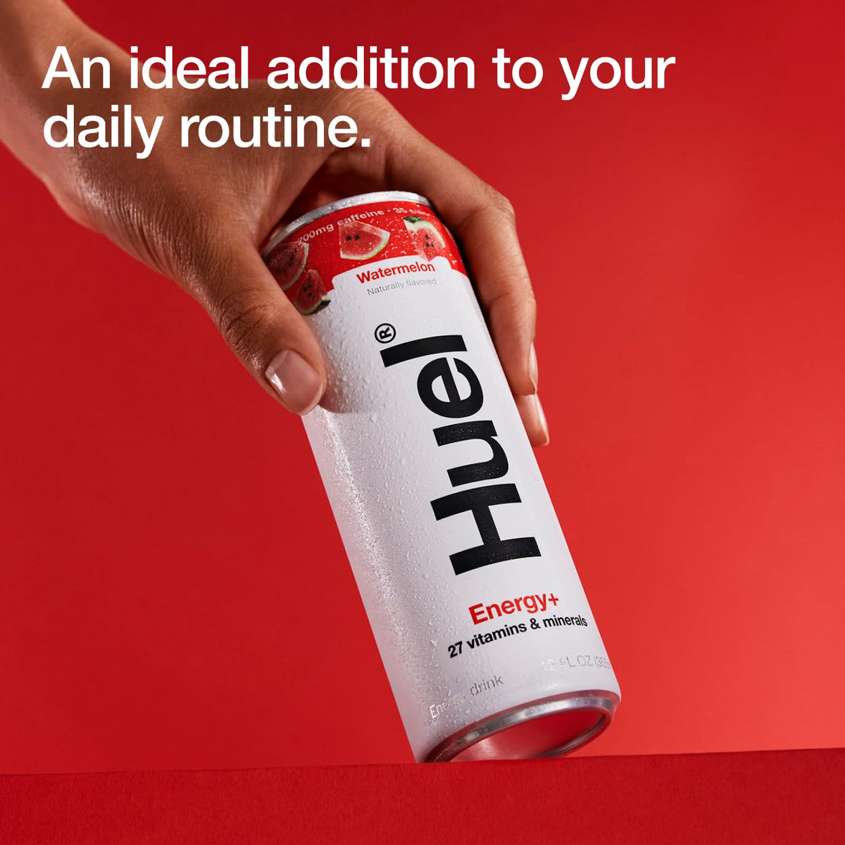 Huel Energy+ Watermelon Energy Drink – Plant-Based, 200mg Caffeine, 27 Vitamins & Minerals | 35 Calories per 12 FL Oz, 12 Pack