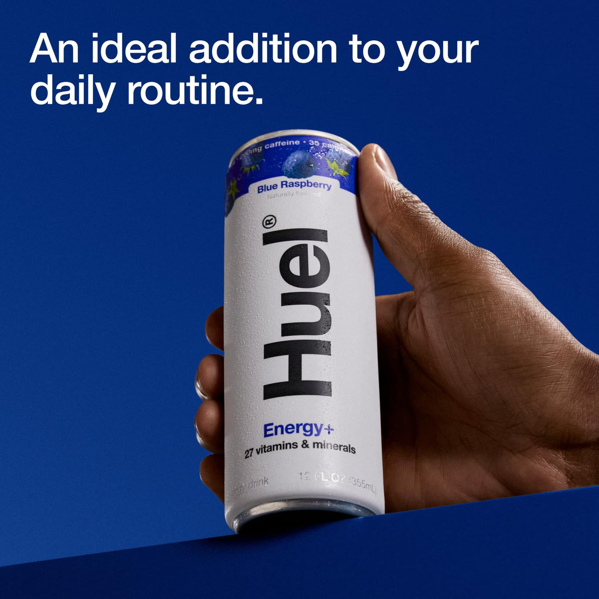 Huel Energy+ Blue Raspberry – Plant-Based Energy Drink with Real Fruit | 200 mg Caffeine, 27 Vitamins & Minerals | 35 Calories per 12 oz Can (12 Pack)