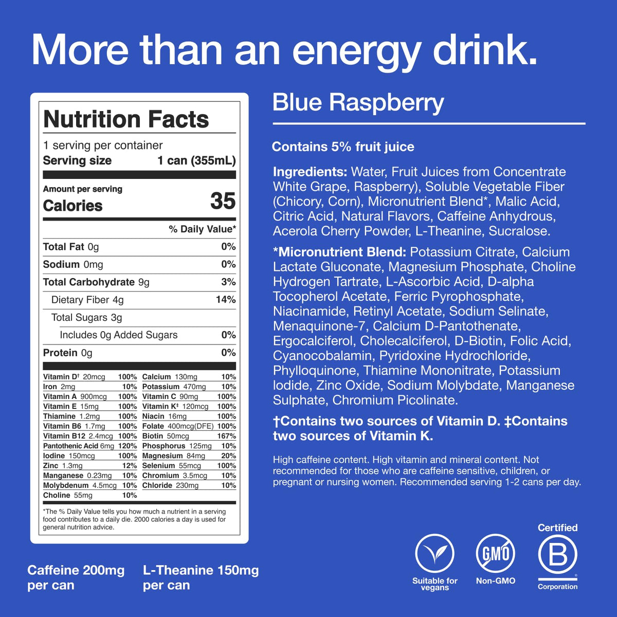 Huel Energy+ Blue Raspberry – Plant-Based Energy Drink with Real Fruit | 200 mg Caffeine, 27 Vitamins & Minerals | 35 Calories per 12 oz Can (12 Pack)