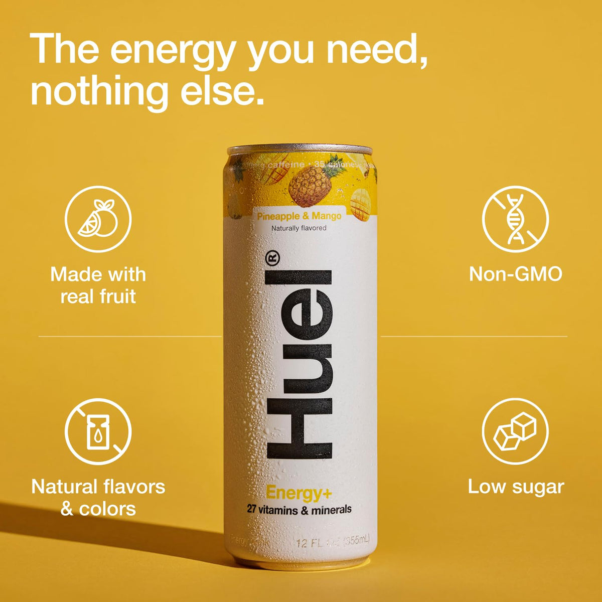 Huel Energy+ Pineapple & Mango — Plant-Based Energy Drink, 200mg Caffeine, 35 Cal, 12-Pack