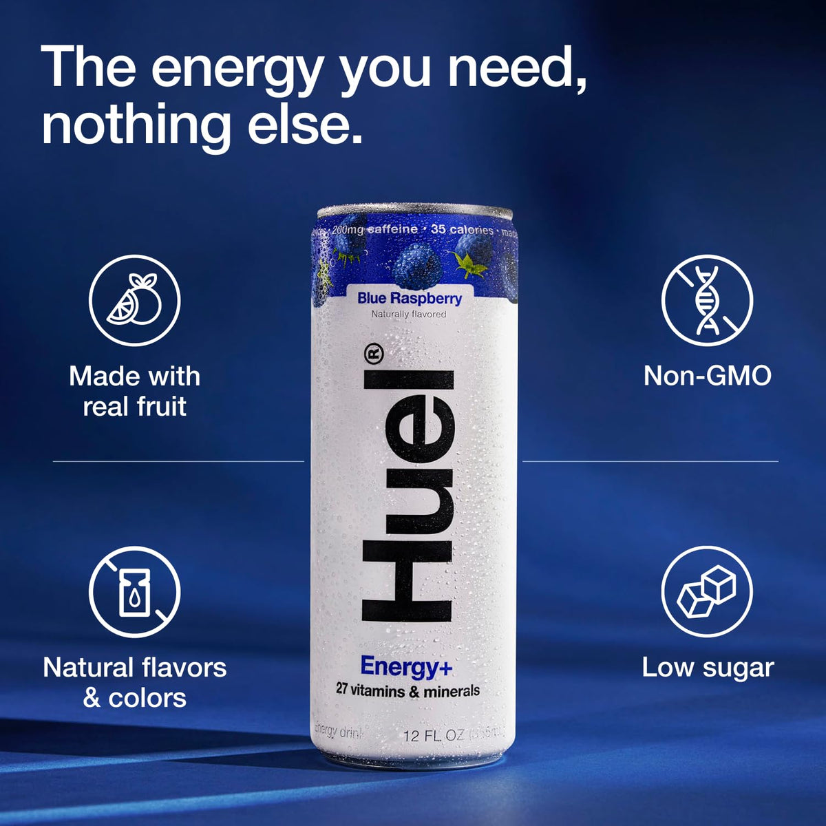 Huel Energy+ Blue Raspberry – Plant-Based Energy Drink with Real Fruit | 200 mg Caffeine, 27 Vitamins & Minerals | 35 Calories per 12 oz Can (12 Pack)
