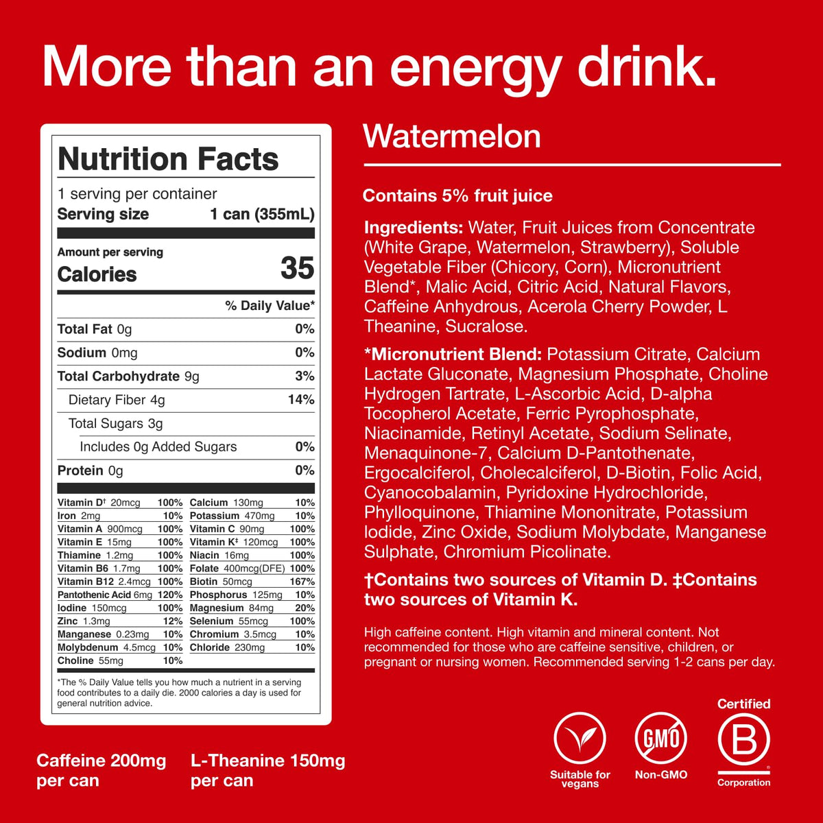Huel Energy+ Watermelon Energy Drink – Plant-Based, 200mg Caffeine, 27 Vitamins & Minerals | 35 Calories per 12 FL Oz, 12 Pack