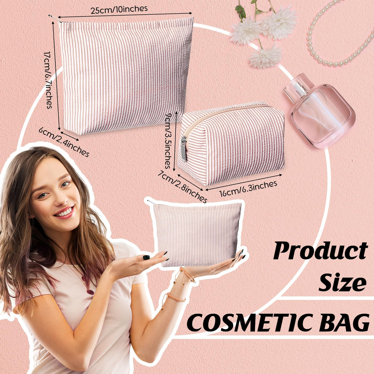 Huhumy 2 Pcs Makeup Bag Set for Women, Khaki, Thin Striped Seersucker
