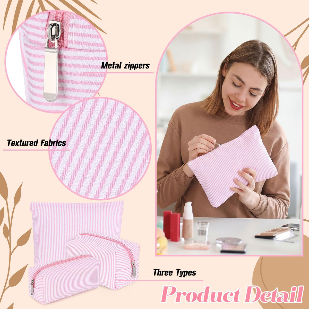 Huhumy 3 Pcs Makeup Bag Set Cute Stripe Cosmetic Pouch for Women Aesthetic Seersucker Travel Toiletry Bag Set Preppy Small Makeup Purse Pouch Cosmetic Organizer Pencil Case with Zipper(Pink)