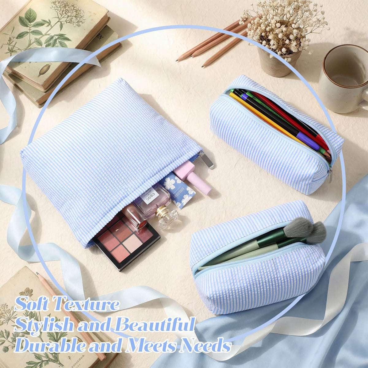 Huhumy 3 Pcs Makeup Bag Set Cute Stripe Cosmetic Pouch for Women Aesthetic Seersucker Travel Toiletry Bag Set Preppy Small Makeup Purse Pouch Cosmetic Organizer Pencil Case with Zipper(Blue)