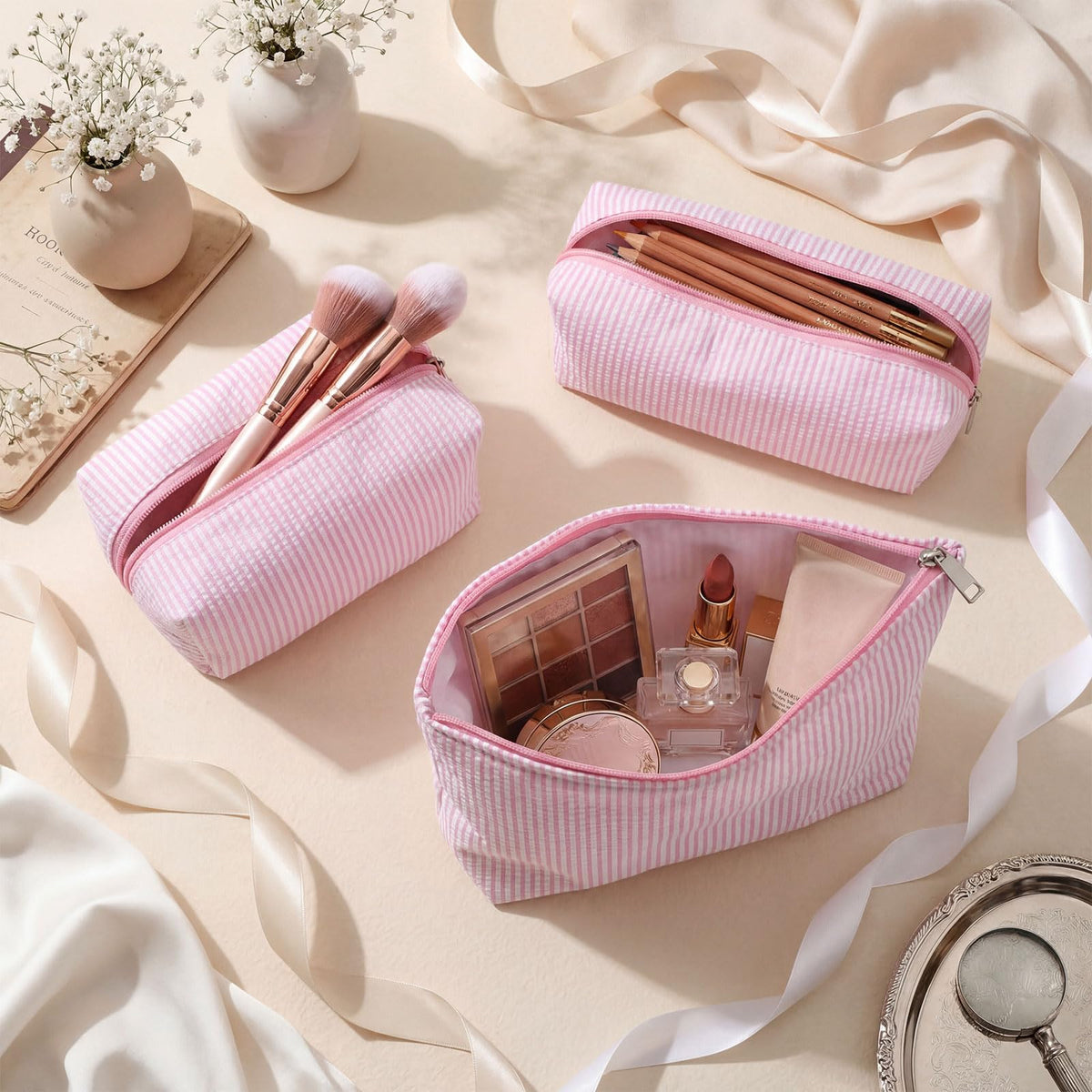 Huhumy 3 Pcs Makeup Bag Set Cute Stripe Cosmetic Pouch for Women Aesthetic Seersucker Travel Toiletry Bag Set Preppy Small Makeup Purse Pouch Cosmetic Organizer Pencil Case with Zipper(Pink)