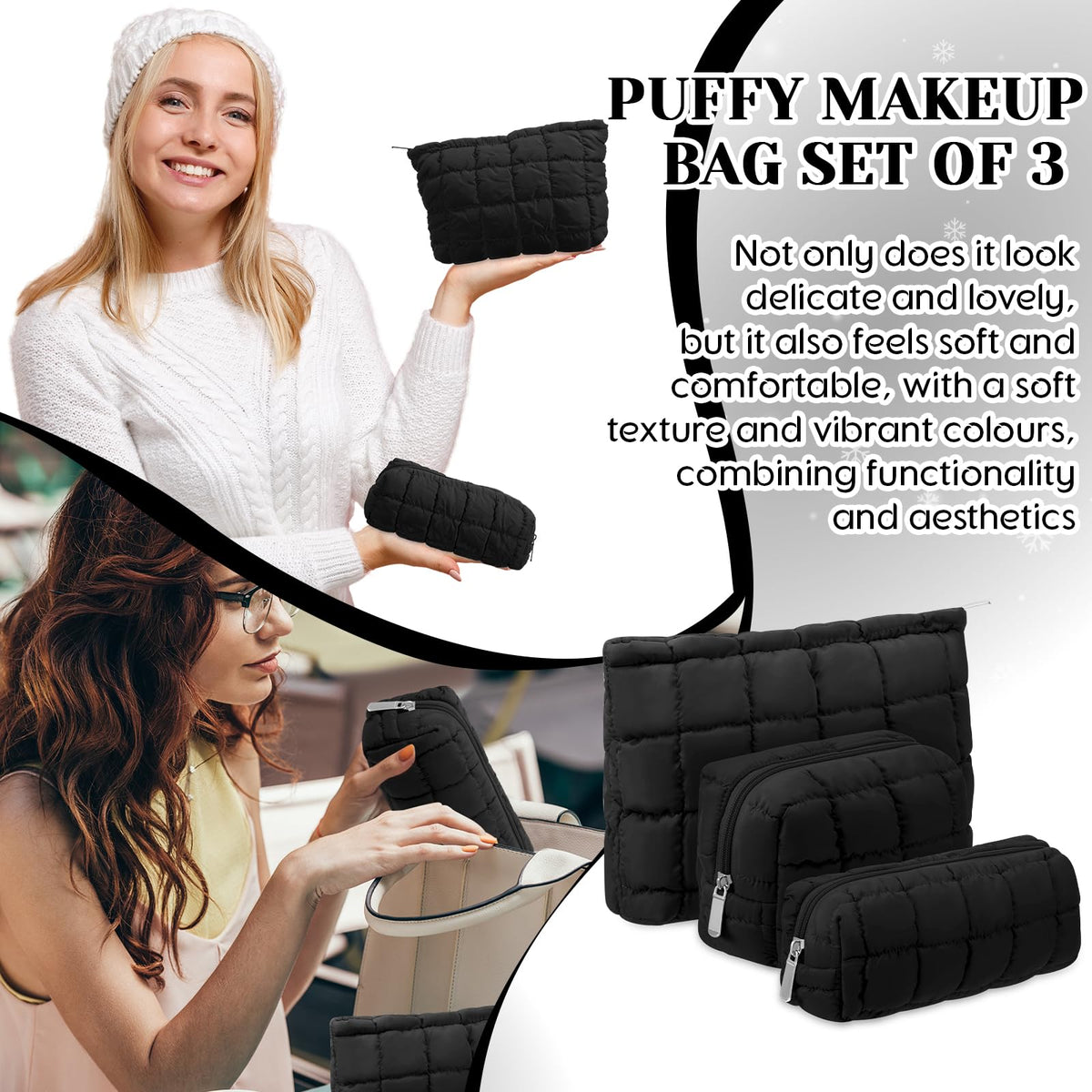Huhumy 3 Pcs Puffy Makeup Bag Quilted Cosmetic Pouch for Women Cute Checkered Travel Toiletry Bag Puffer Makeup Organizer Purse Pouch Preppy Pencil Case with Zipper(Black)