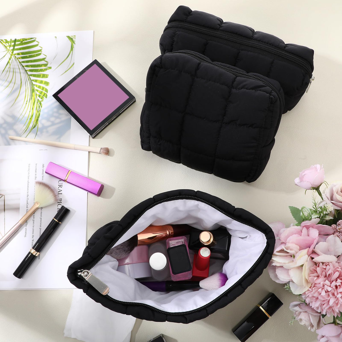 Huhumy 3 Pcs Puffy Makeup Bag Quilted Cosmetic Pouch for Women Cute Checkered Travel Toiletry Bag Puffer Makeup Organizer Purse Pouch Preppy Pencil Case with Zipper(Black)