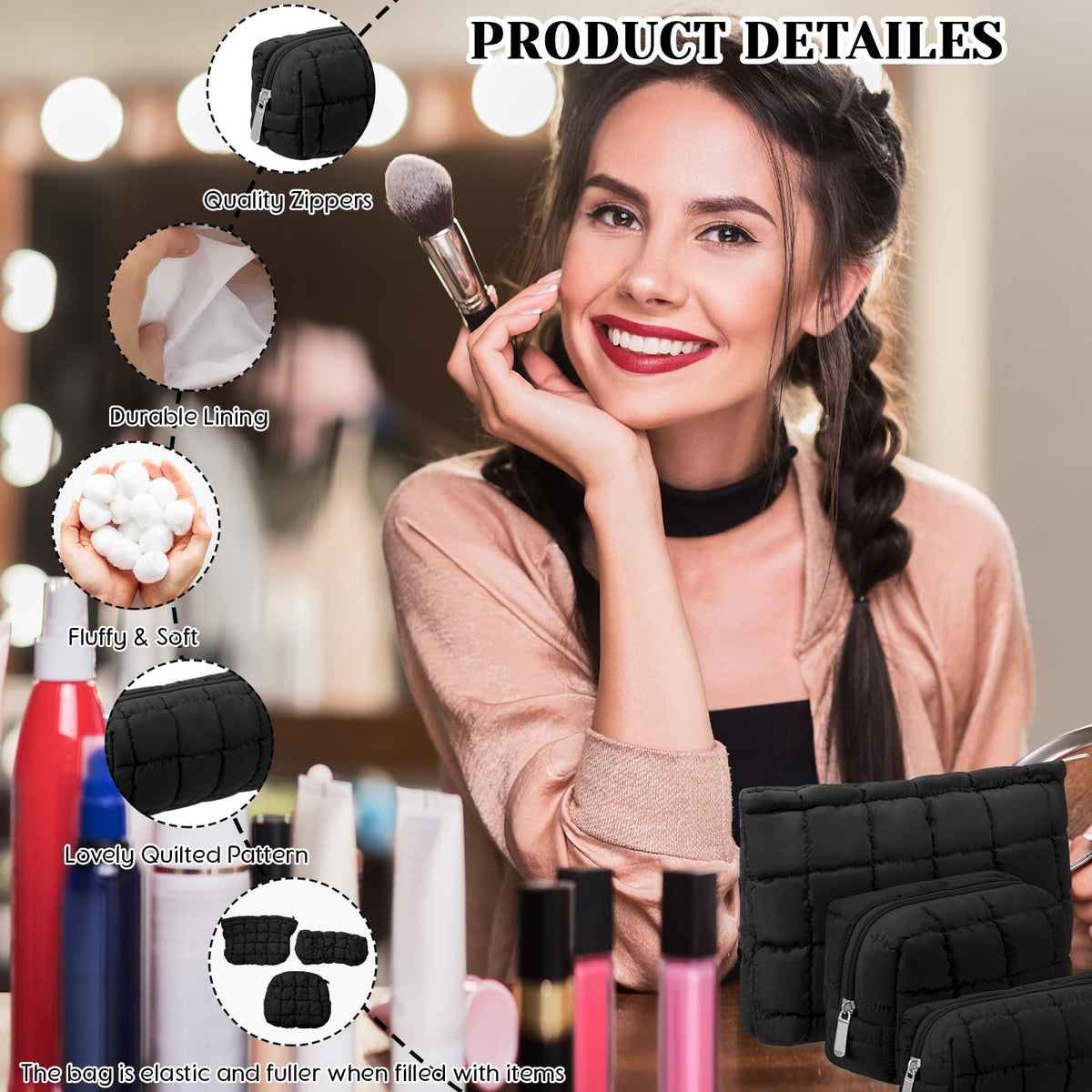 Huhumy 3 Pcs Puffy Makeup Bag Quilted Cosmetic Pouch for Women Cute Checkered Travel Toiletry Bag Puffer Makeup Organizer Purse Pouch Preppy Pencil Case with Zipper(Black)