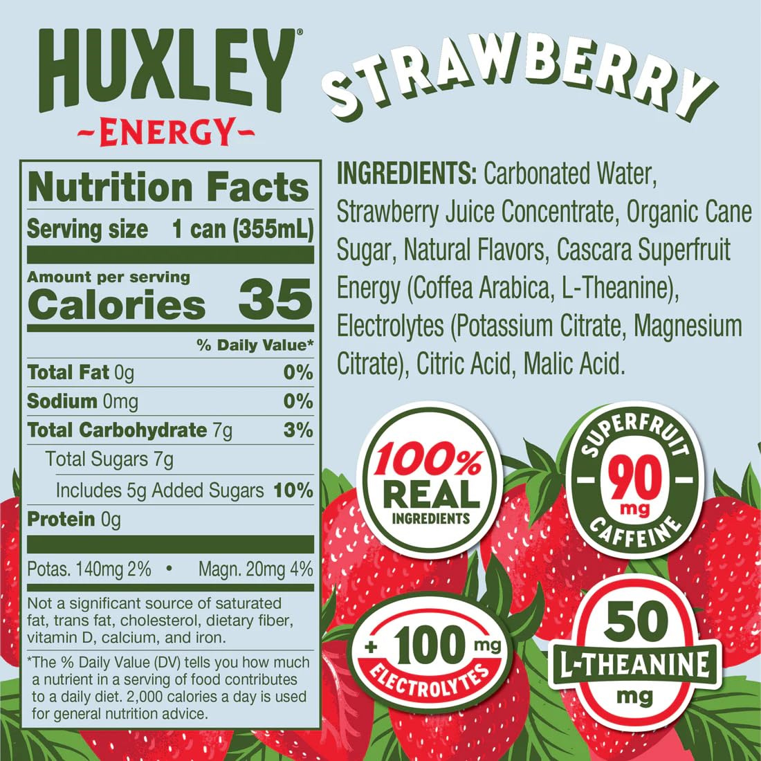 Huxley Strawberry Energy Drink – 90mg Natural Caffeine, No Crash | 12 Pack