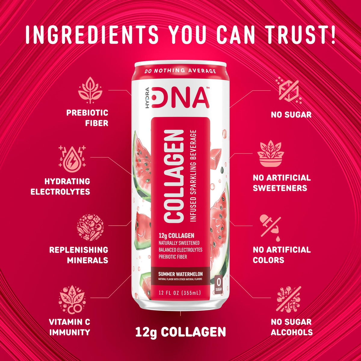 HYDRADNA Sparkling Watermelon Collagen Drink - Sugar Free - Keto Friendly - 12 Pack