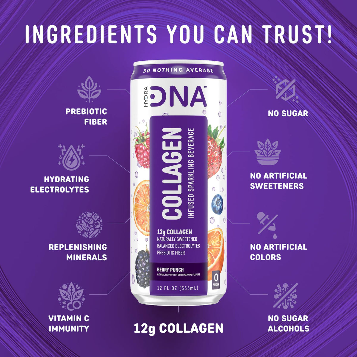 HYDRADNA Sparkling Collagen Water Berry Punch – Sugar-Free, Keto-Friendly (12 Pack)