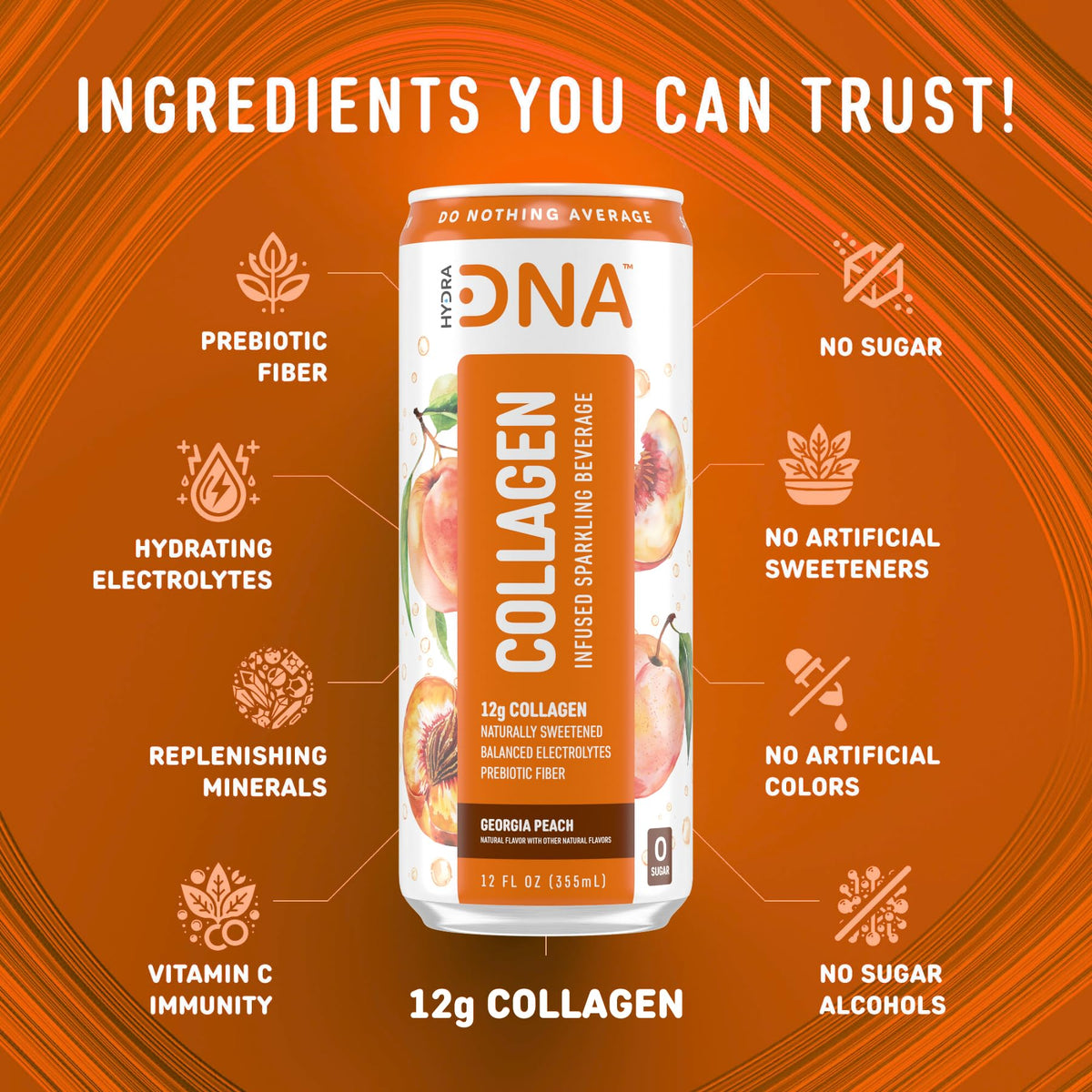 HYDRADNA Sparkling Liquid Collagen Water – Georgia Peach, Sugar-Free, Keto-Friendly, Gluten-Free (12 Pack)