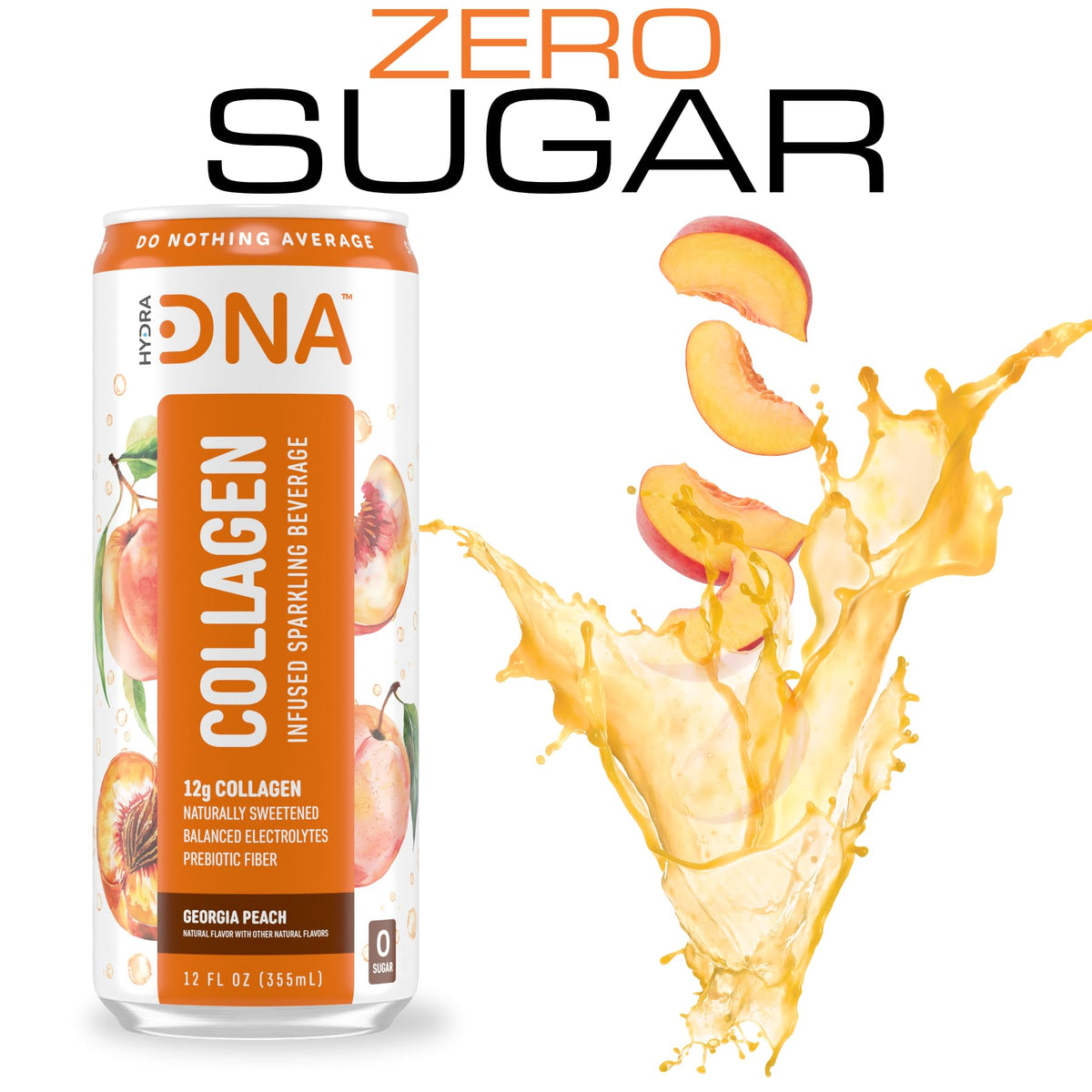 HYDRADNA Sparkling Liquid Collagen Water – Georgia Peach, Sugar-Free, Keto-Friendly, Gluten-Free (12 Pack)