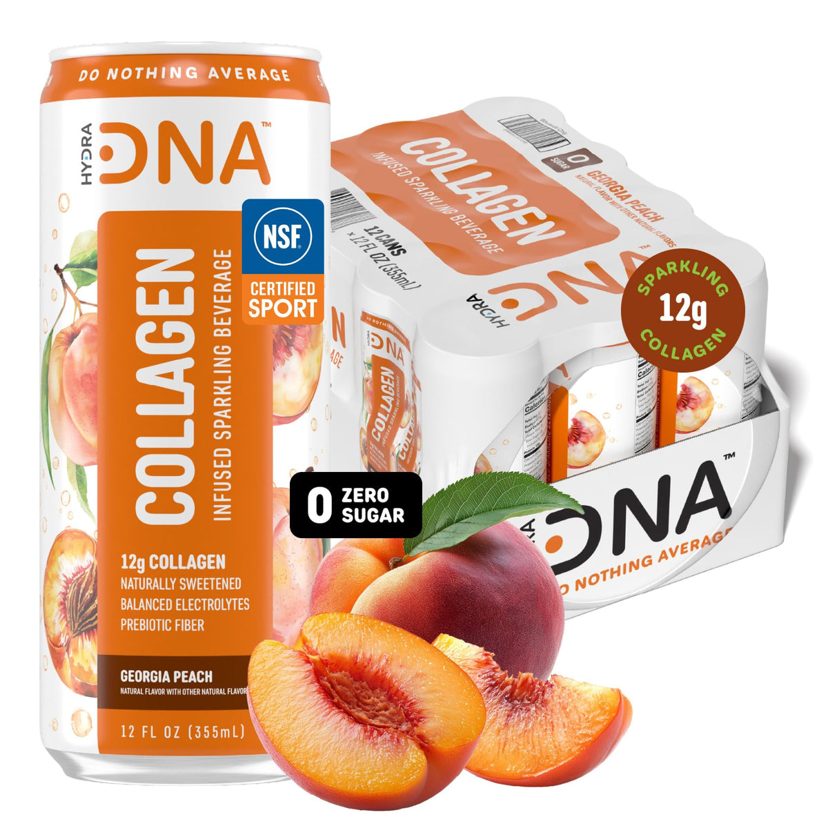 HYDRADNA Sparkling Liquid Collagen Water – Georgia Peach, Sugar-Free, Keto-Friendly, Gluten-Free (12 Pack)