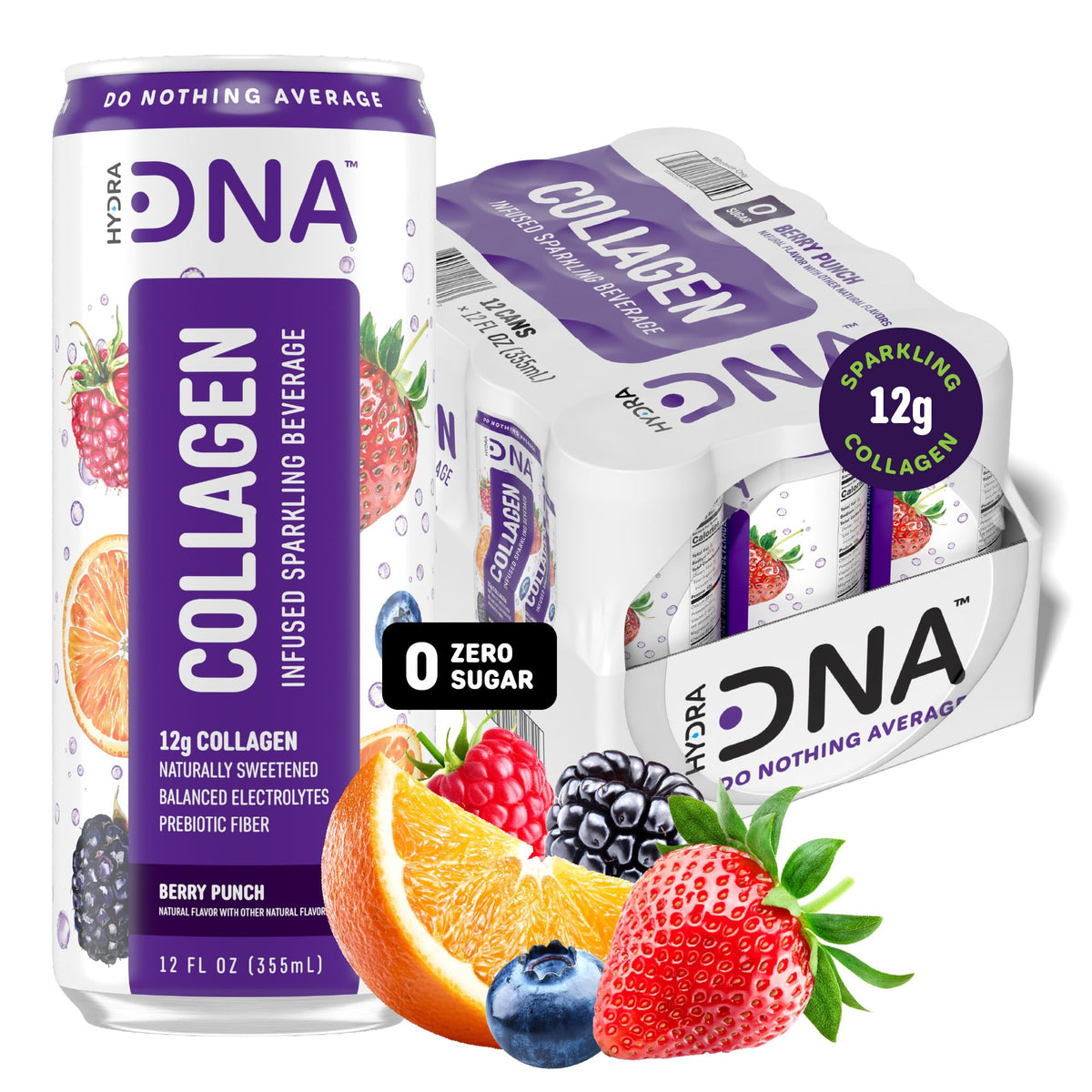 HYDRADNA Sparkling Collagen Water Berry Punch – Sugar-Free, Keto-Friendly (12 Pack)