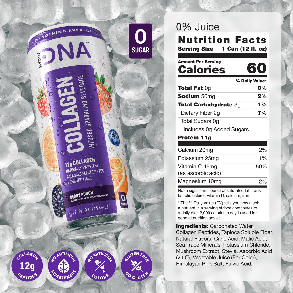 HYDRADNA Sparkling Collagen Water Berry Punch – Sugar-Free, Keto-Friendly (12 Pack)