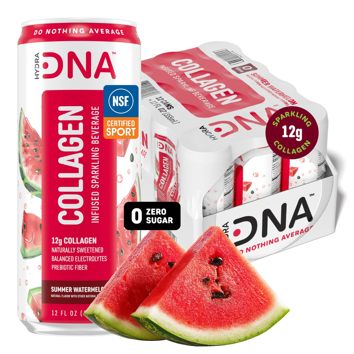 HYDRADNA Sparkling Watermelon Collagen Drink - Sugar Free - Keto Friendly - 12 Pack