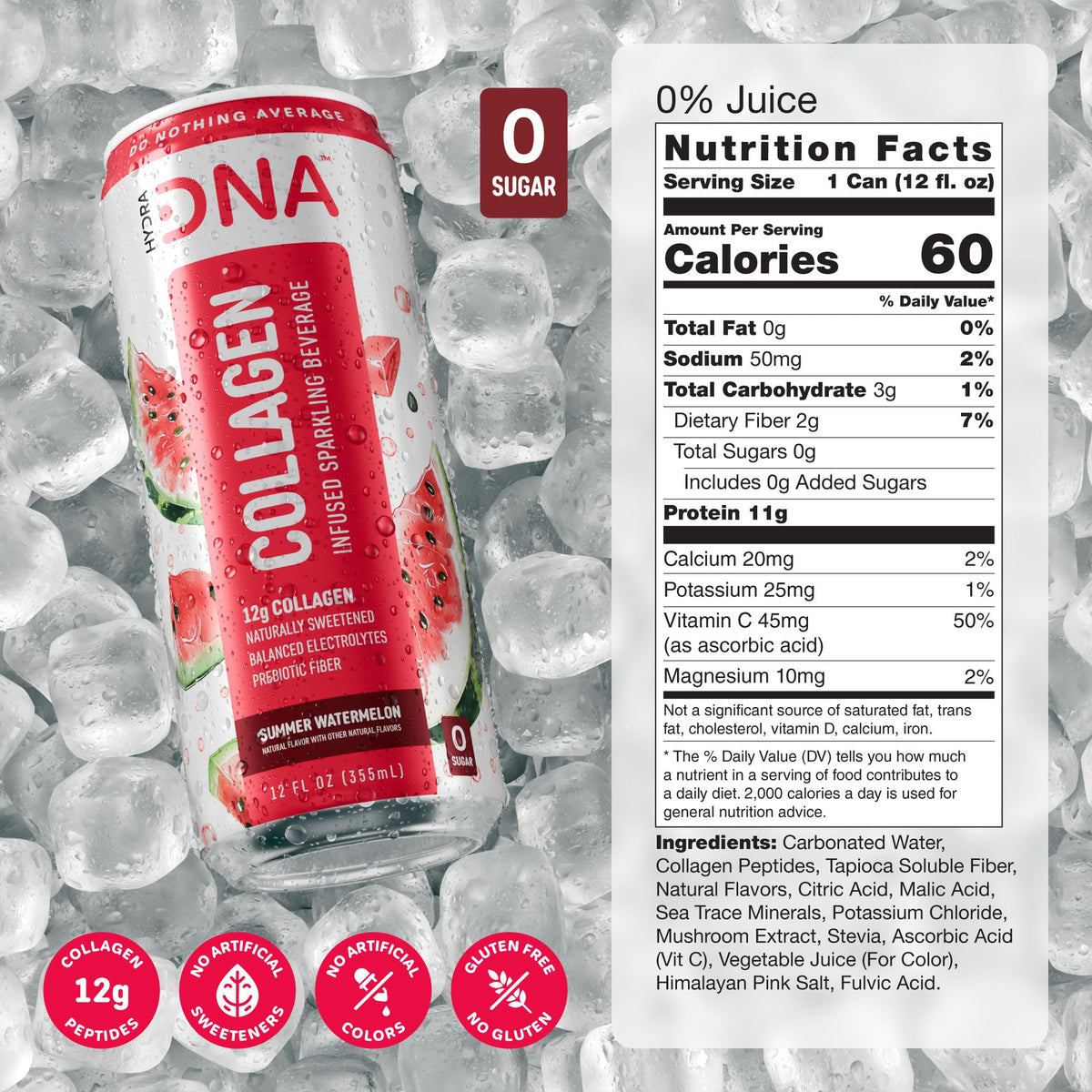 HYDRADNA Sparkling Watermelon Collagen Drink - Sugar Free - Keto Friendly - 12 Pack