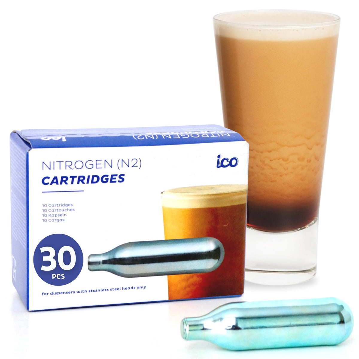 ICO 30-Pack N2 Nitrogen Cartridges for Nitro Cold Brew & Beer Infusion | 2g Pure, Non-Threaded Steel