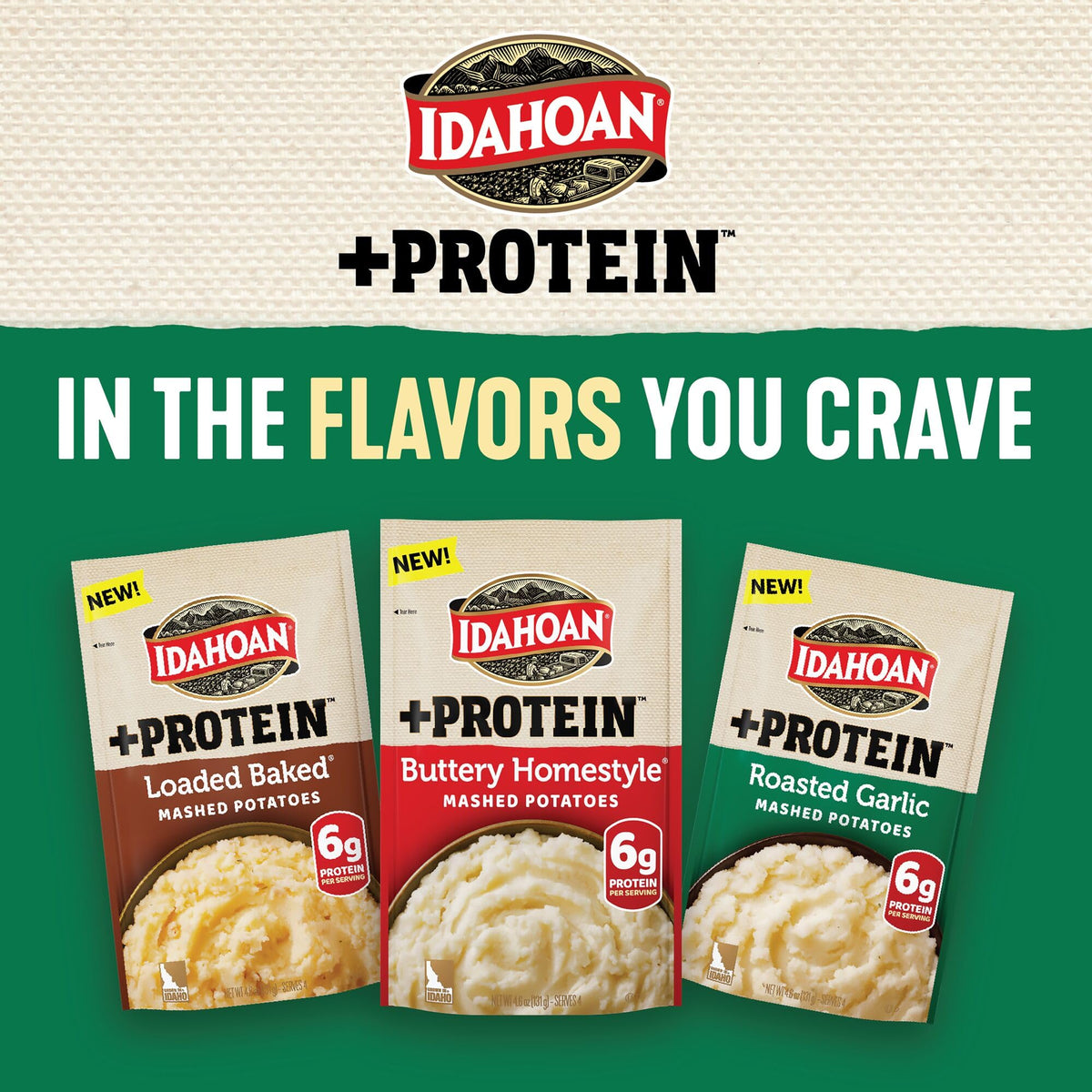 Idahoan Roasted Garlic +Protein Mashed Potatoes — 6g Protein per Serving, Gluten-Free, 4 Servings per Pouch (Pack of 10)