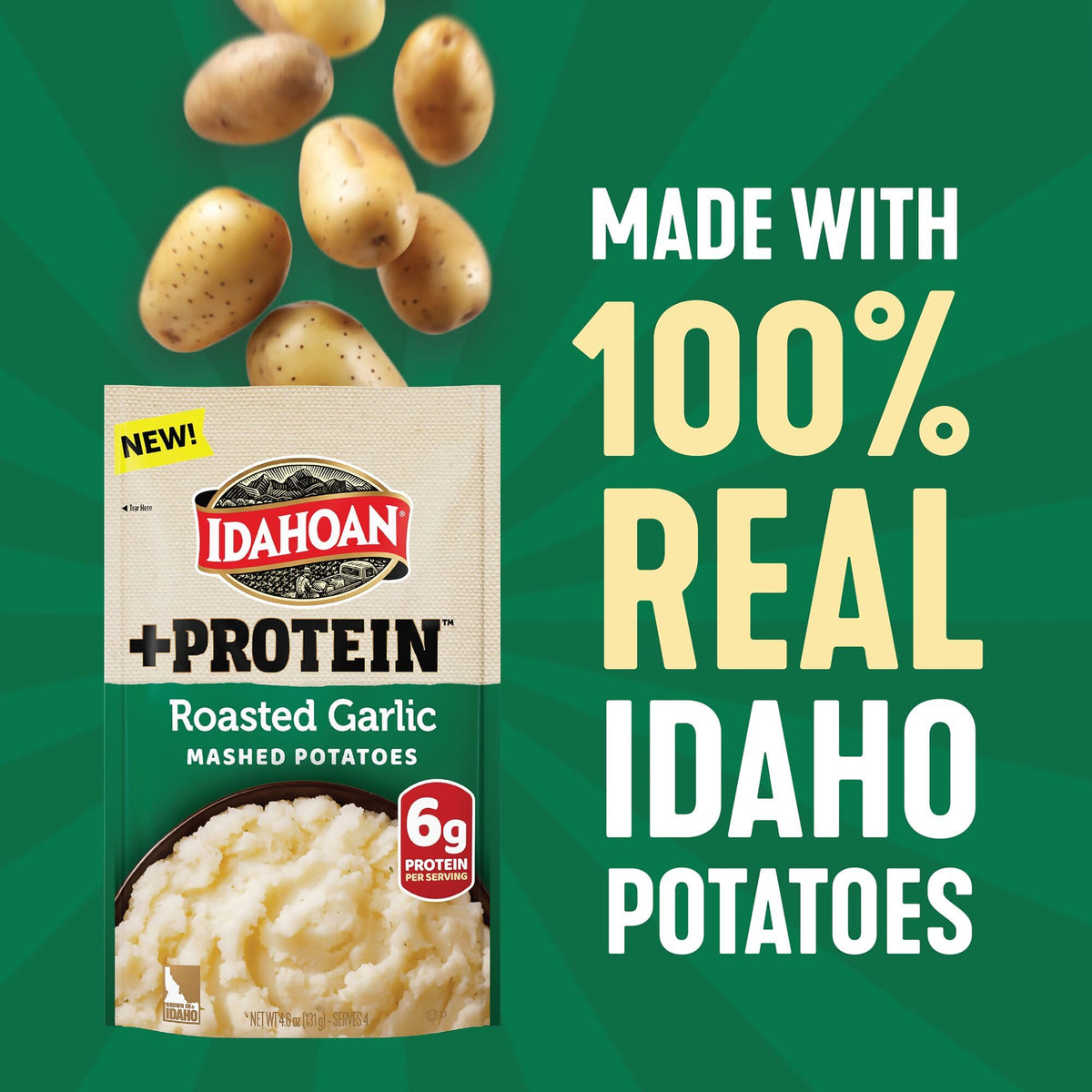 Idahoan Roasted Garlic +Protein Mashed Potatoes — 6g Protein per Serving, Gluten-Free, 4 Servings per Pouch (Pack of 10)