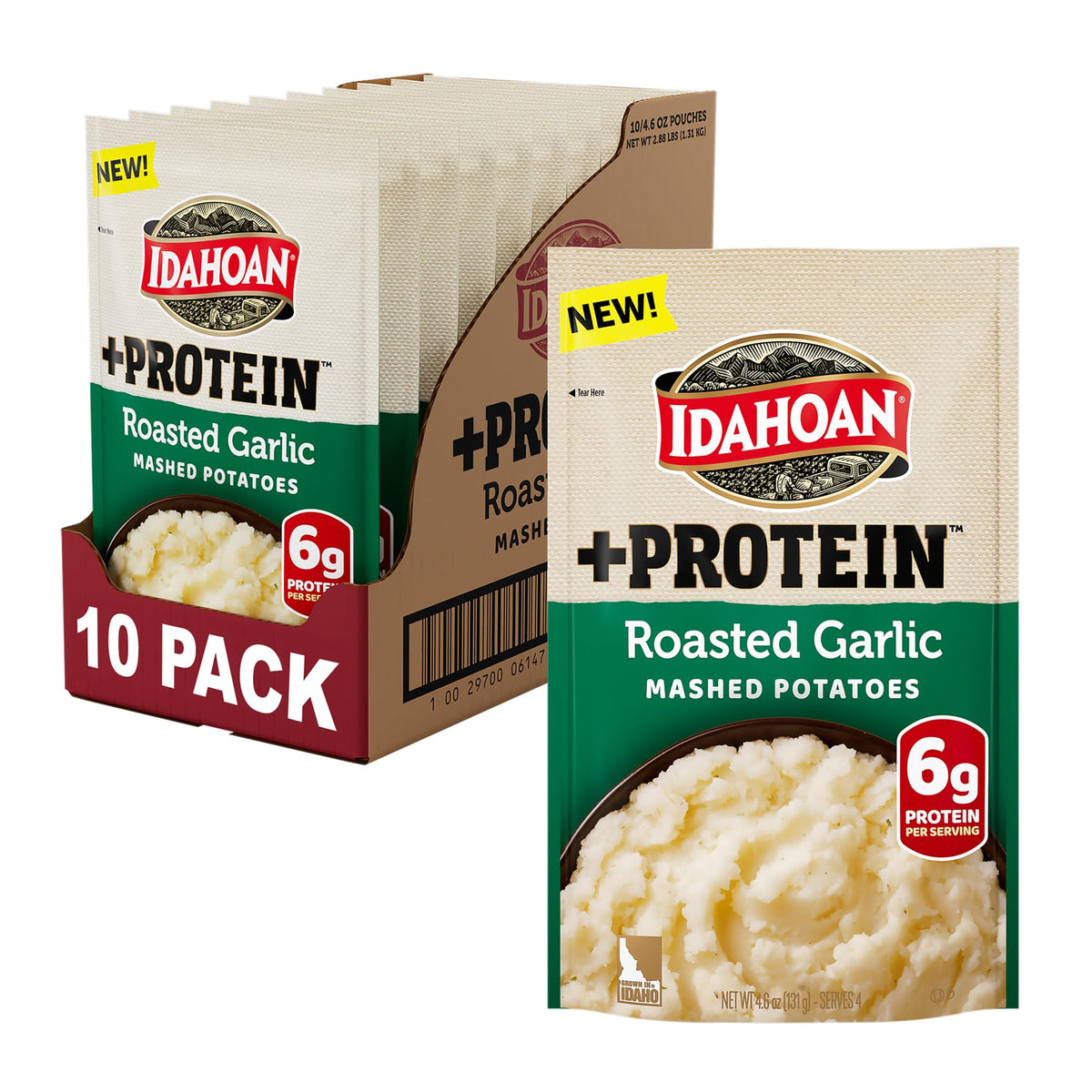 Idahoan Roasted Garlic +Protein Mashed Potatoes — 6g Protein per Serving, Gluten-Free, 4 Servings per Pouch (Pack of 10)