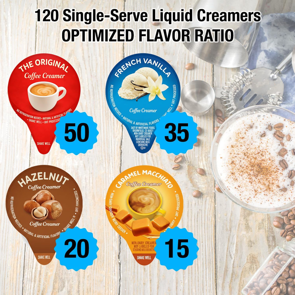 Idea Home Ultimate Coffee Creamer Variety Pack – 120 Single-Serve Creamers (4 Flavors) – No Refrigeration Needed