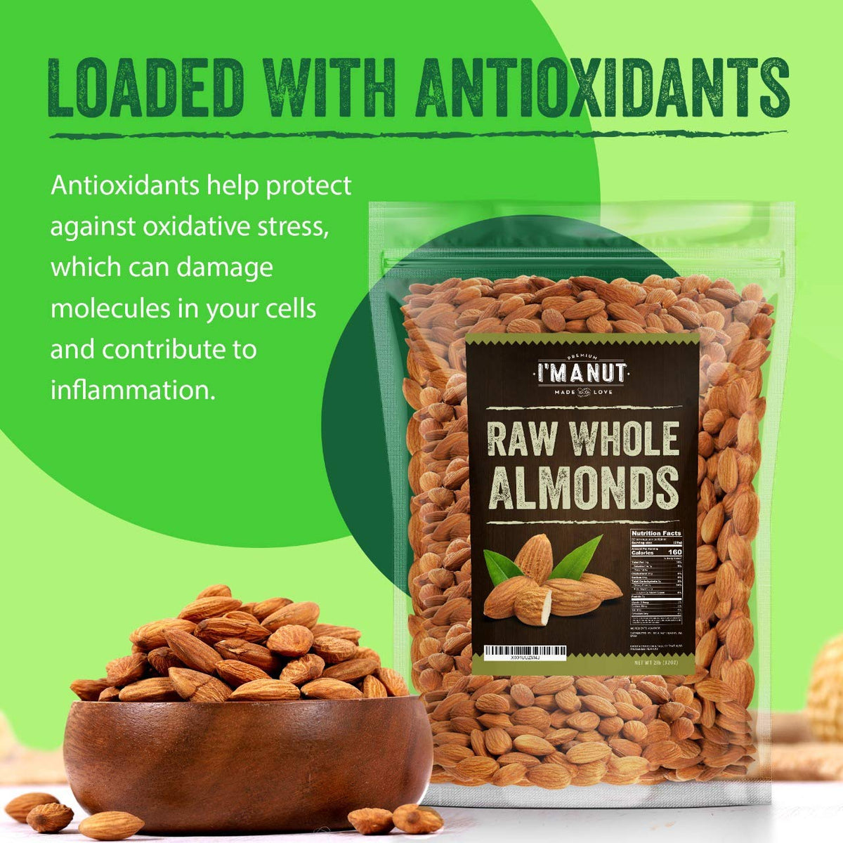 I'm A Nut Raw California Almonds, 32 oz | Gluten & Peanut Free, Non-GMO, Batch Tested