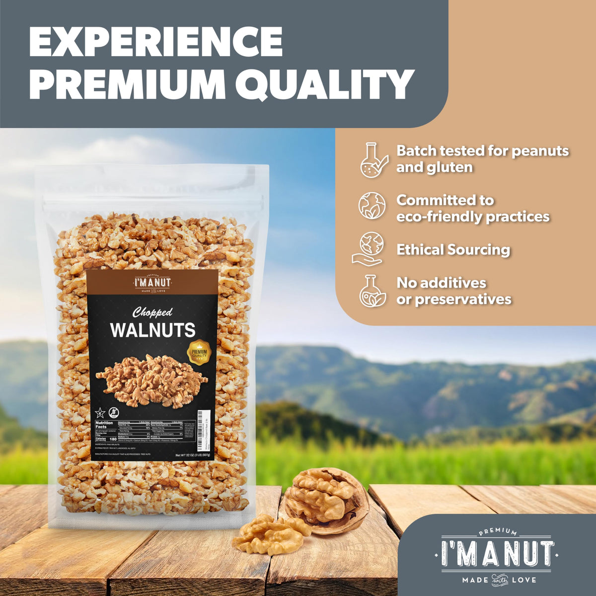 I'm A Nut Premium Raw Chopped Walnuts 32oz (2 lb) – 100% Natural, No-PPO, Non-GMO, Gluten & Peanut Free, Kosher, Small Batch Quality