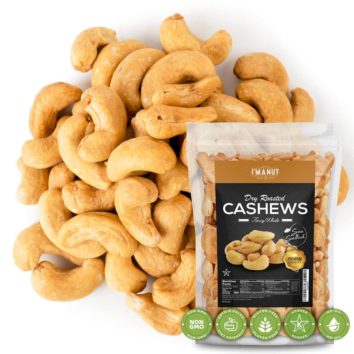 I'm A Nut Oven-Dry Roasted Fancy Cashews with Sea Salt - 1.5 lb, Whole Cashews, No Oil, No PPO, Vegan & Keto Friendly