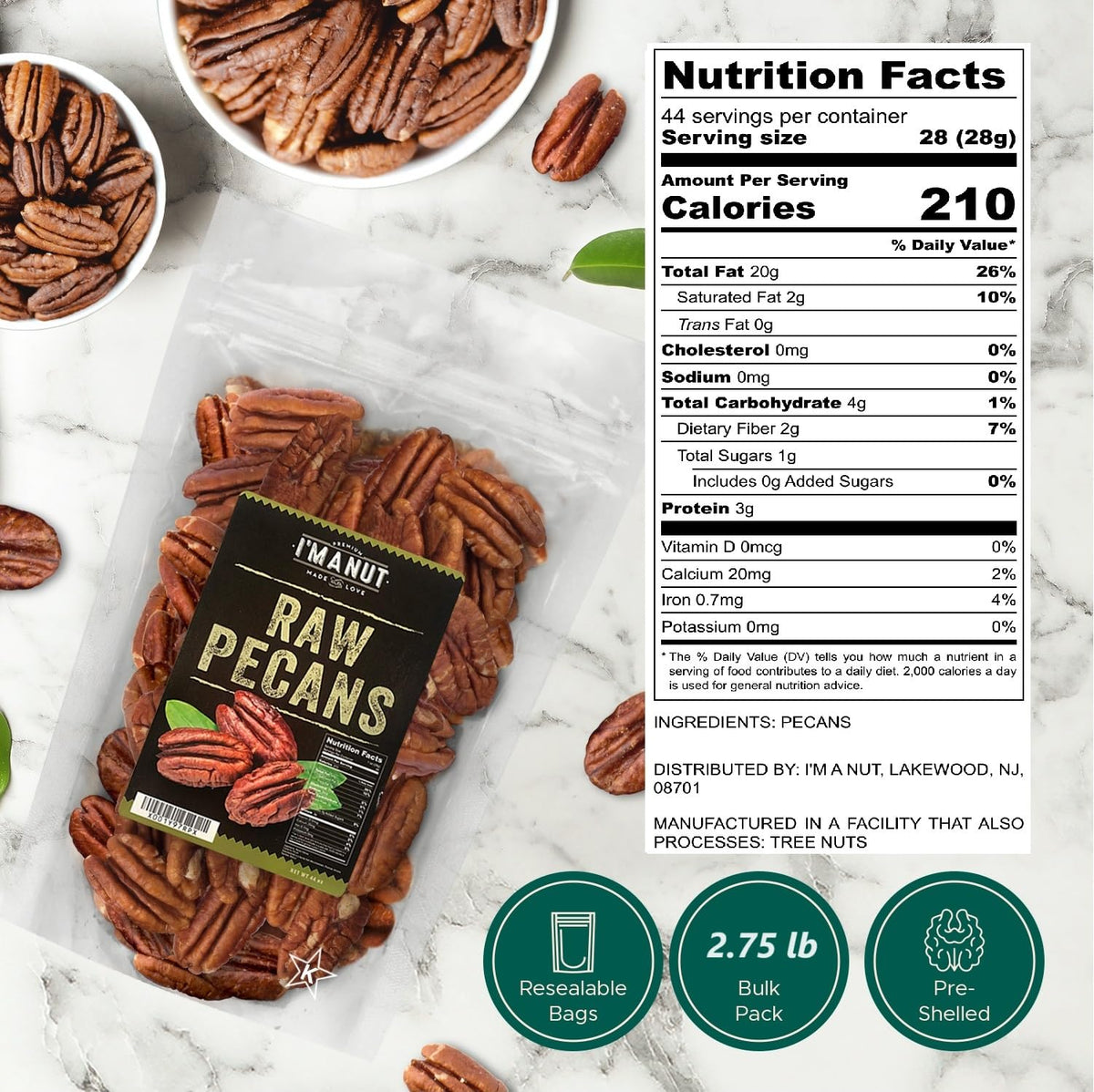 I'm A Nut Premium Raw Pecan Halves 44oz — American-Grown, Non-GMO, Gluten & Peanut Free, No Preservatives