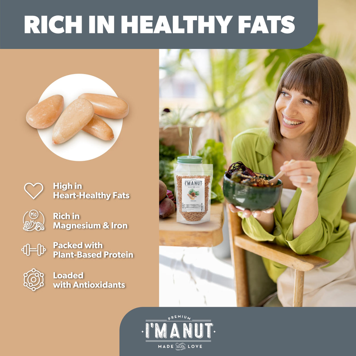 I'm A Nut Premium Raw Pine Nuts 16oz – Gluten & Peanut Free, Non-GMO, Resealable Pouch