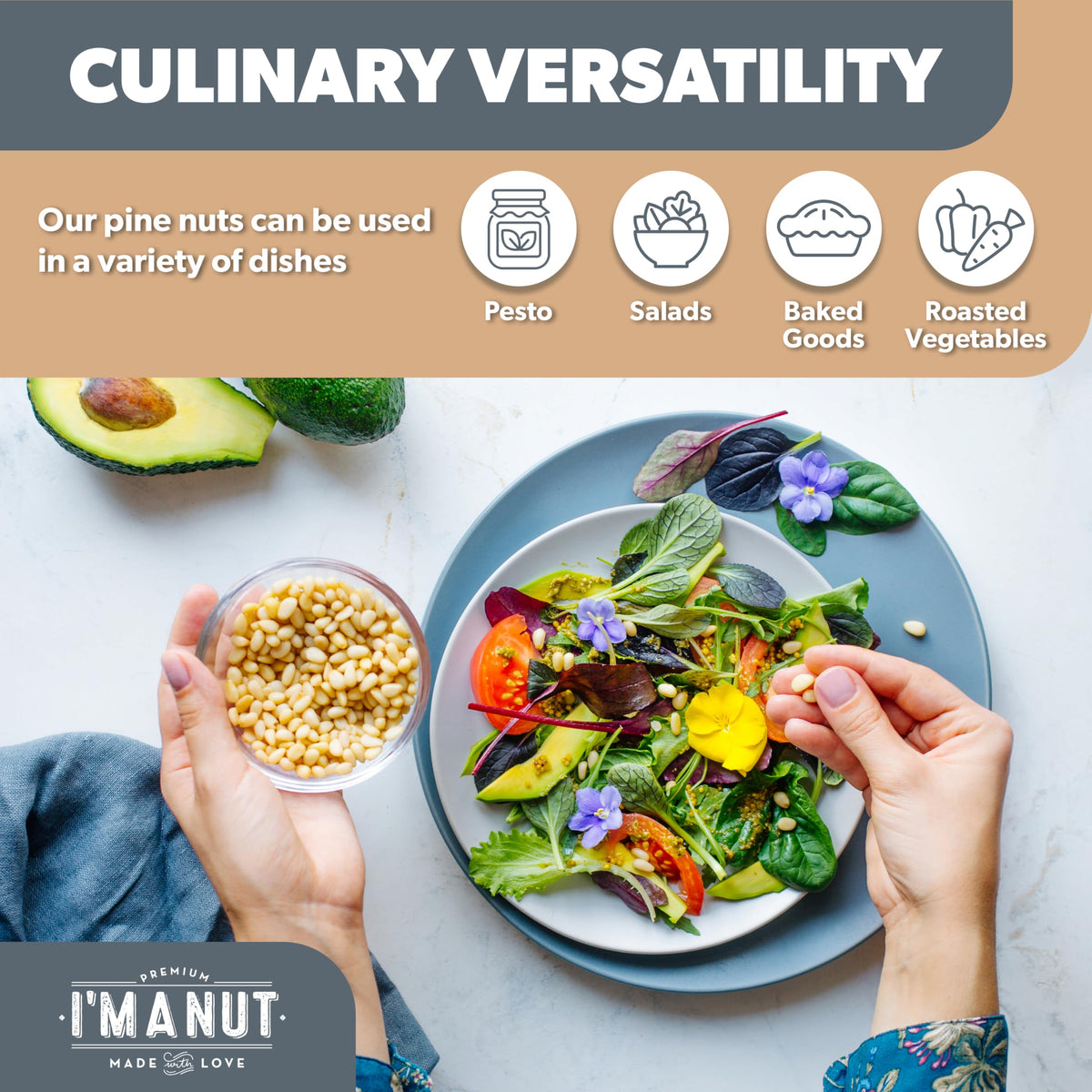 I'm A Nut Premium Raw Pine Nuts 16oz – Gluten & Peanut Free, Non-GMO, Resealable Pouch
