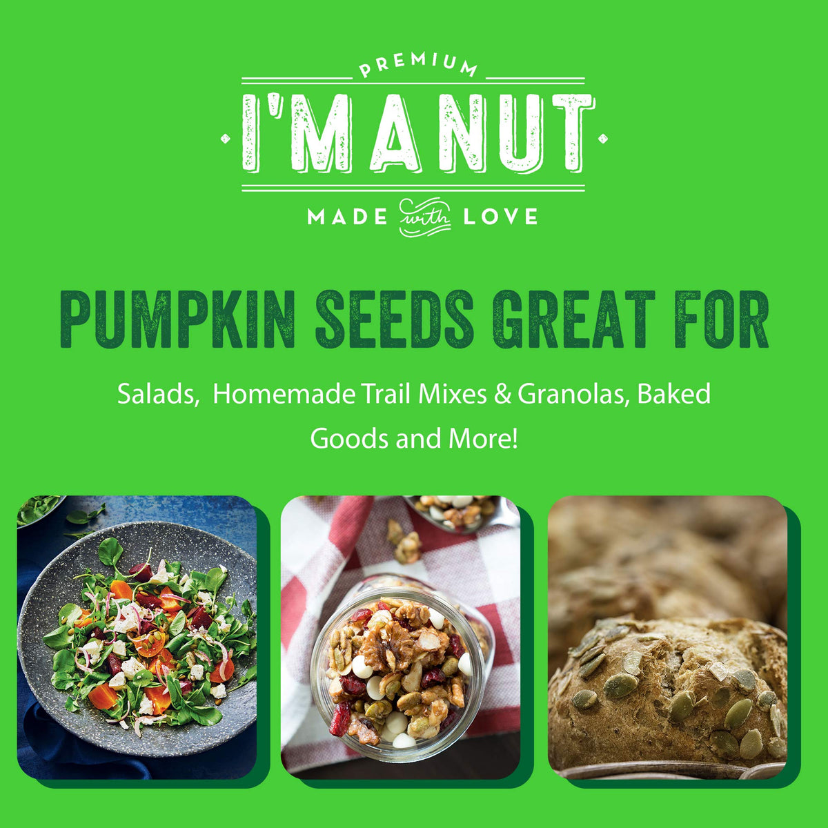 I'm A Nut Raw Pumpkin Seeds 48 oz Bulk – No Preservatives, Gluten & Peanut Free, Non-GMO, Kosher, Resealable Bag