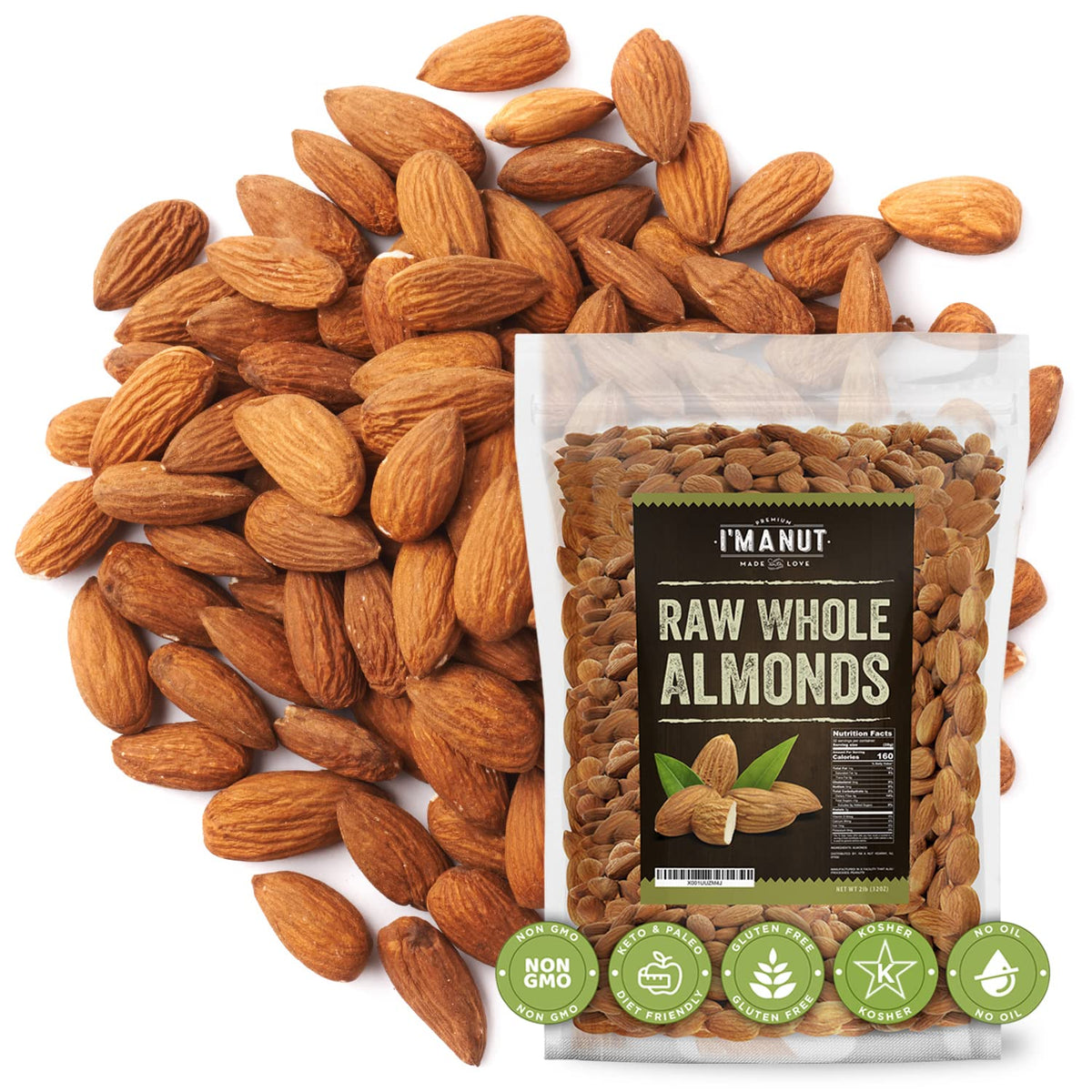 I'm A Nut Raw California Almonds, 32 oz | Gluten & Peanut Free, Non-GMO, Batch Tested