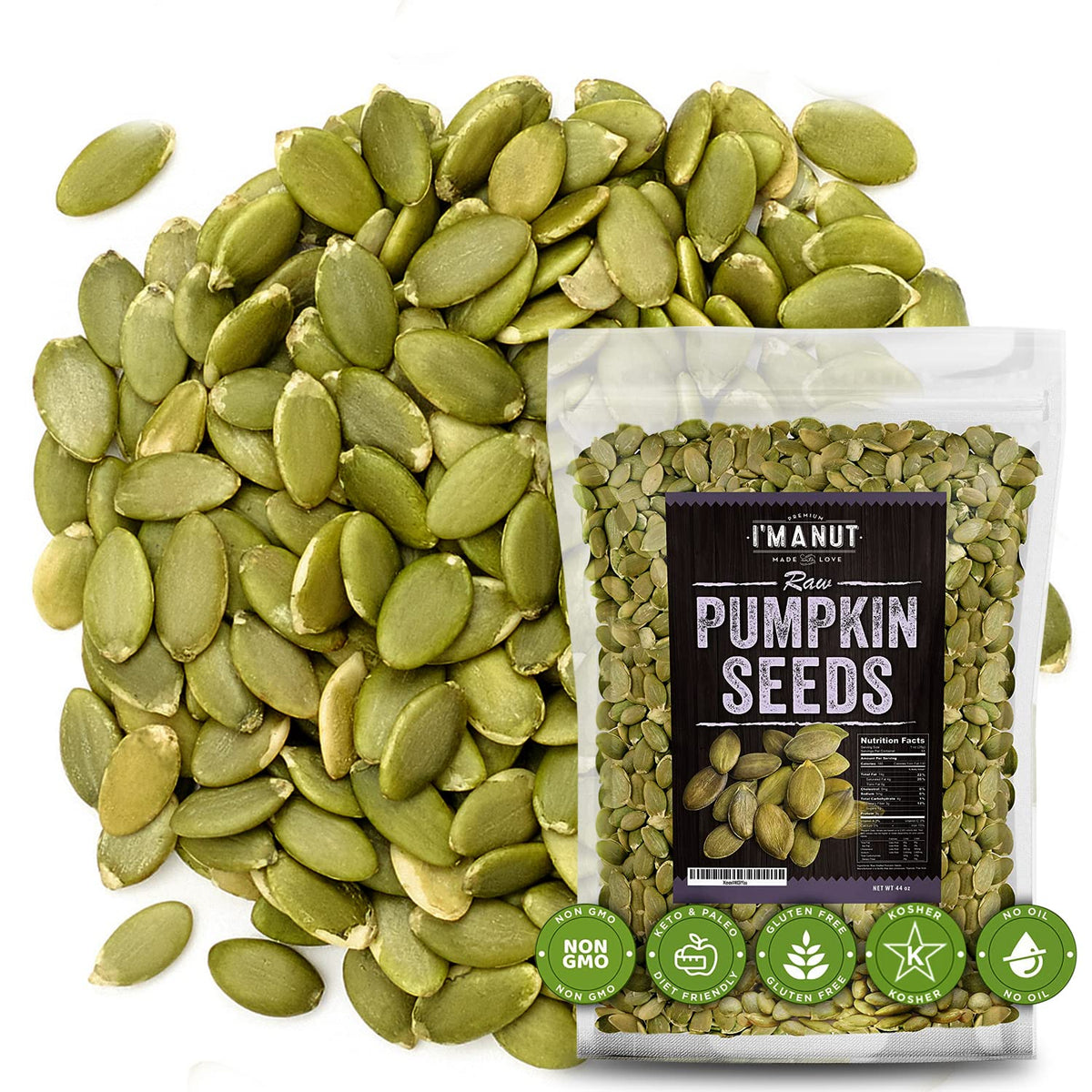 I'm A Nut Raw Pumpkin Seeds 48 oz Bulk – No Preservatives, Gluten & Peanut Free, Non-GMO, Kosher, Resealable Bag