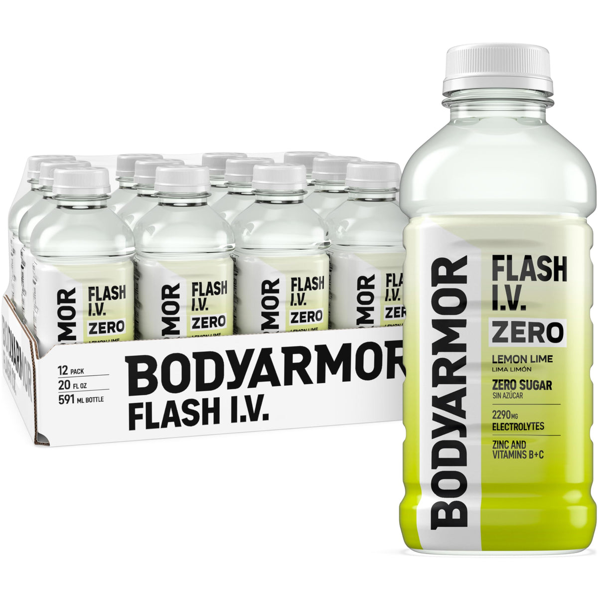 BODYARMOR Flash I.V. Zero Sugar Lemon Lime Electrolyte Beverage – 20 oz, 12-pack