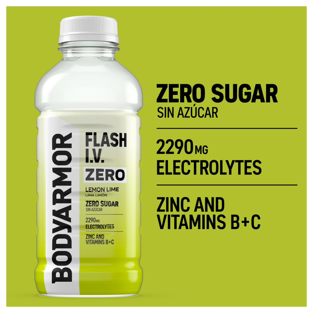 BODYARMOR Flash I.V. Zero Sugar Lemon Lime Electrolyte Beverage – 20 oz, 12-pack