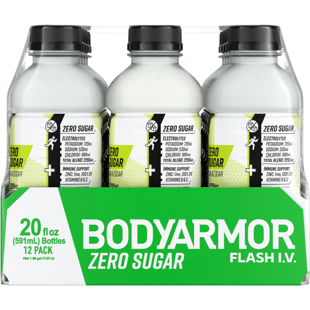 BODYARMOR Flash I.V. Zero Sugar Lemon Lime Electrolyte Beverage – 20 oz, 12-pack