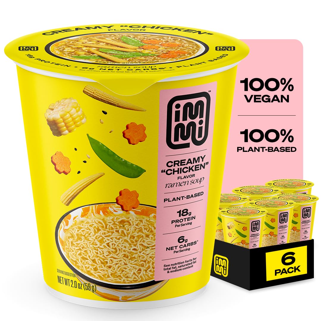 Immi Creamy Chicken Ramen Cup Noodles – 18g Plant-Based Protein, 8g Net Carbs, Ready to Eat, 6 Pack