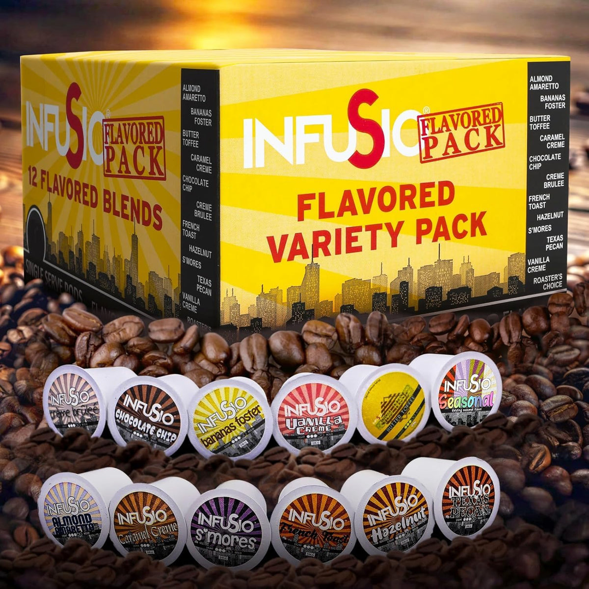 InfuSio Flavored Coffee Pods Variety Pack – 48 Cups, 12 Gourmet Medium Roast Dessert-Inspired Flavors, Keurig K-Cup 2.0 Compatible